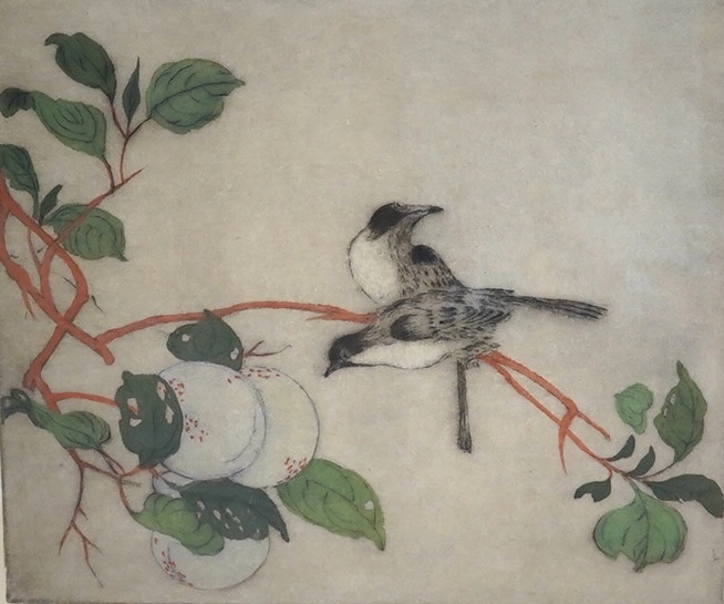 Elyse Ashe Lord (1900-1971), colour drypoint etching, birds amongst peaches, signed in ink, limited edition 5/75, 31 x 33cm. Condition - fair